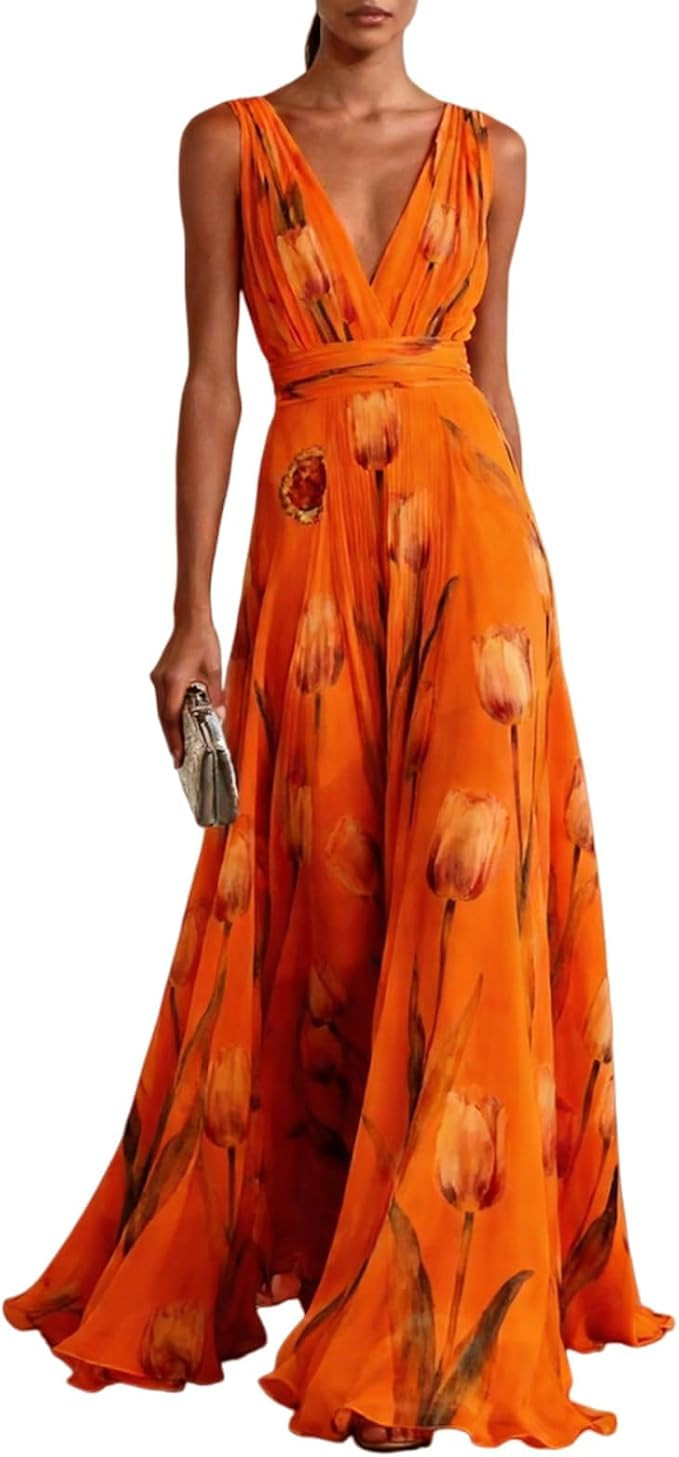 Women's Sleeveless Floral Maxi Dress Deep V Neck Flowy Chiffon Dress Elegant Formal Party Wedding... | Amazon (US)