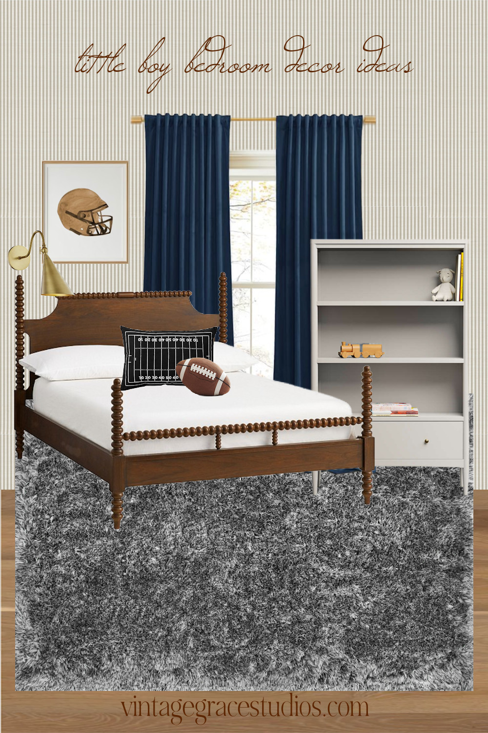 little boys room decor, sports themed bedroom, kids bedroom ideas, area rug, hardwood floor, wallpaper, curtains, wall art, sconce, throw pillows, bed frame, bookshelf  

 #LTKHome #LTKKids #LTKFamily