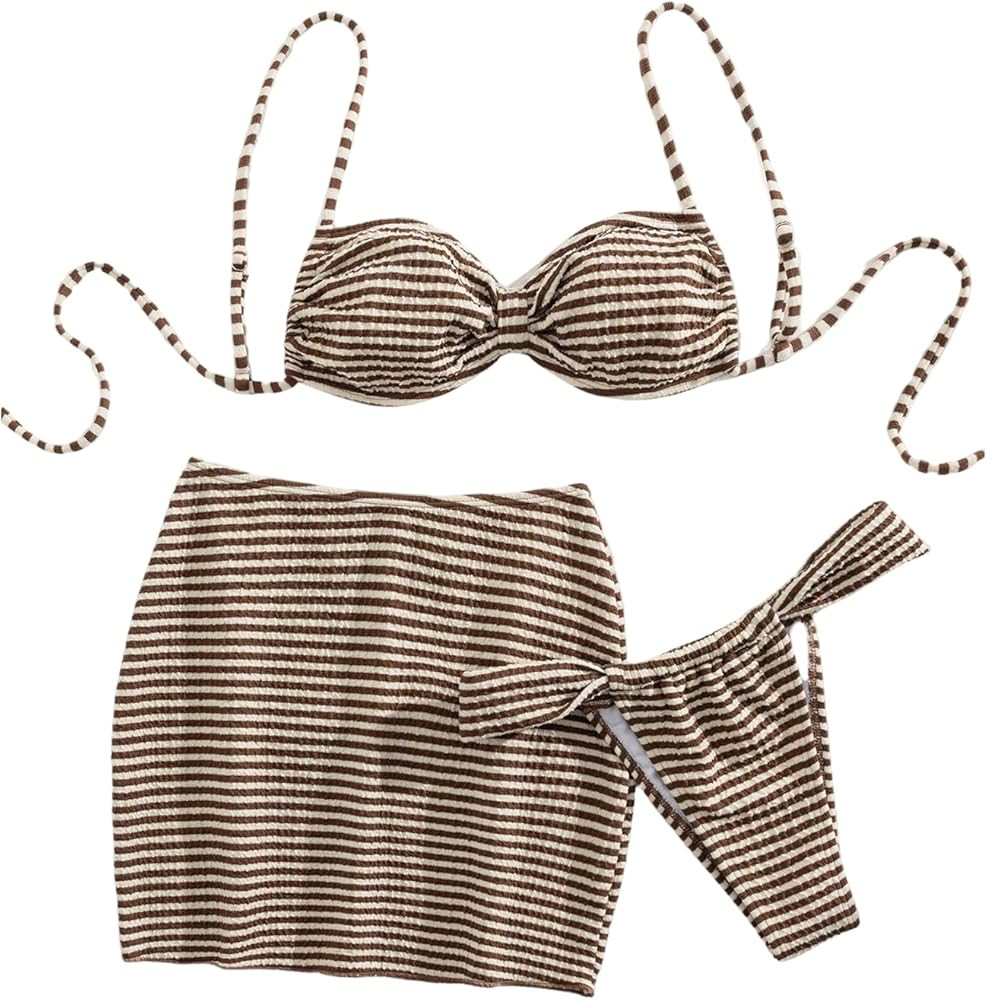 SweatyRocks Women's 3 Piece Striped Bikini Set High Cut Thong Swimsuit with Beach Mini Skirt | Amazon (US)