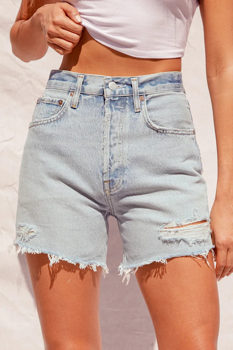 Riley Light Wash Distressed High Rise Cutoff Shorts | Lulus (US)