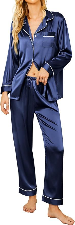 Ekouaer Silk Satin Pajamas Women's Long Sleeve Sleepwear Soft Button Down Pj Set 2 Piece Loungewe... | Amazon (US)