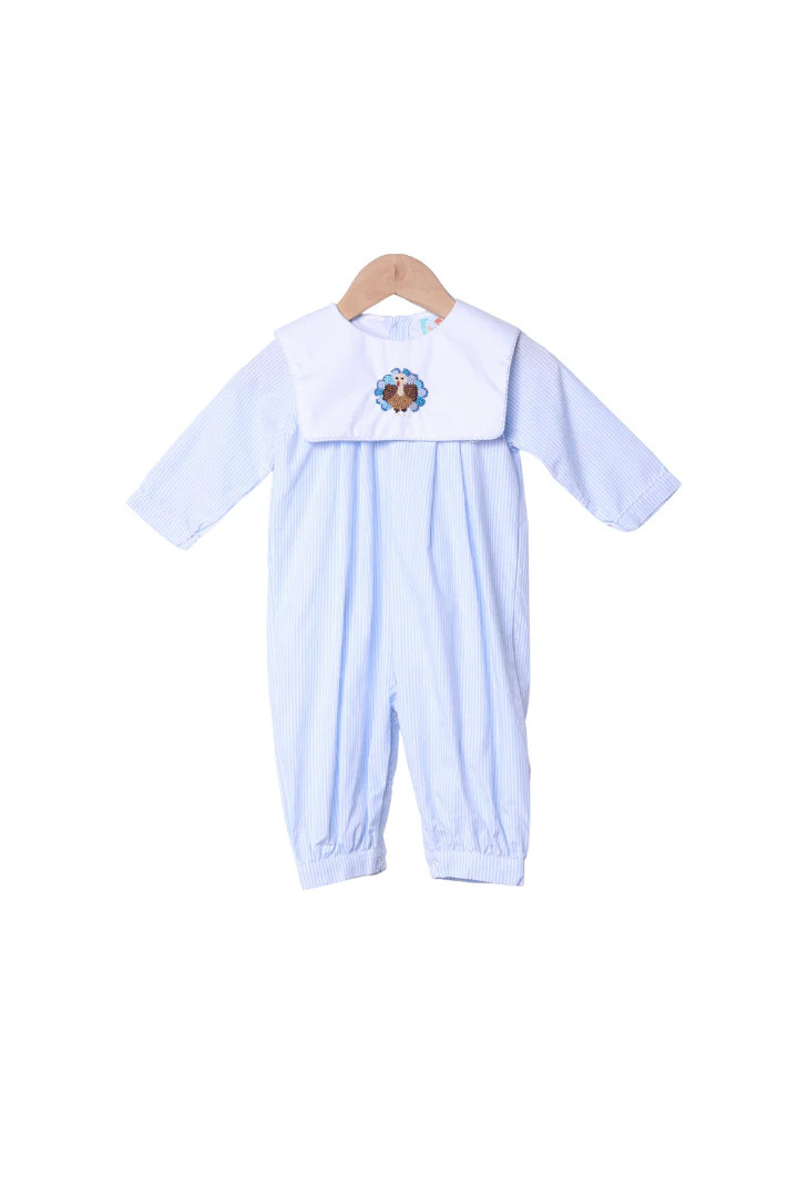 French Knot Turkey Blue Pin Stripe Romper | The Smocked Flamingo