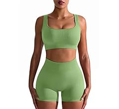 Workout Outfits for Women 2 Piece Seamless Ribbed High Waist Leggings with Sports Bra Exercise Se... | Amazon (US)