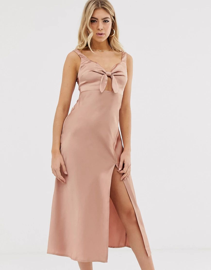 Parallel Lines bow front satin slip dress with thigh split in pink | ASOS (Global)