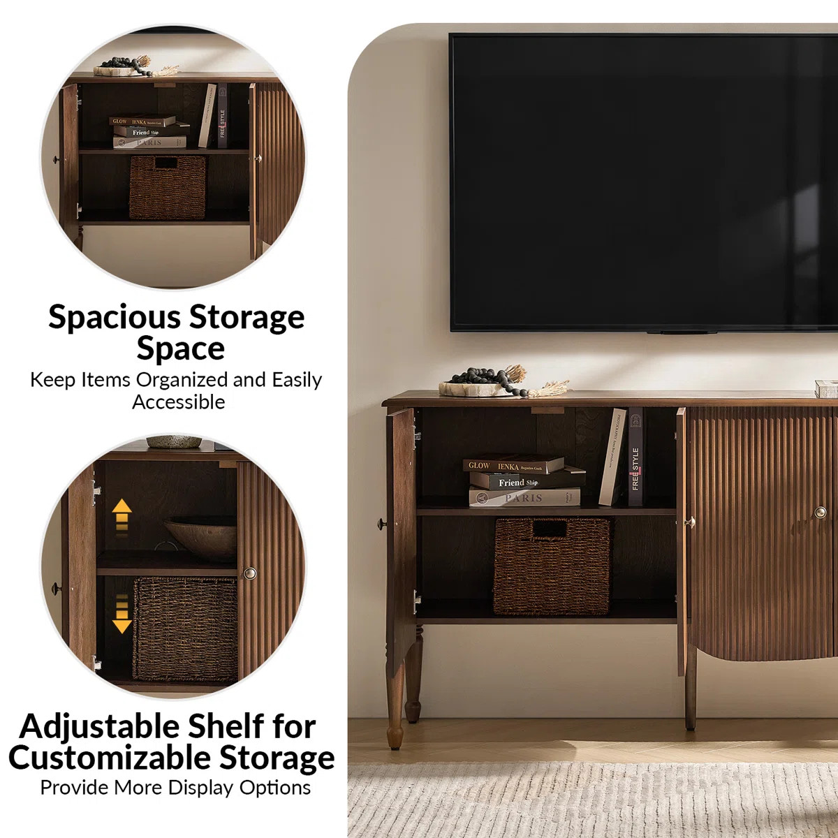 Martha Avis Transitional 58"W 4-Door Fluted Curved Sideboard with Cable Management | Wayfair North America