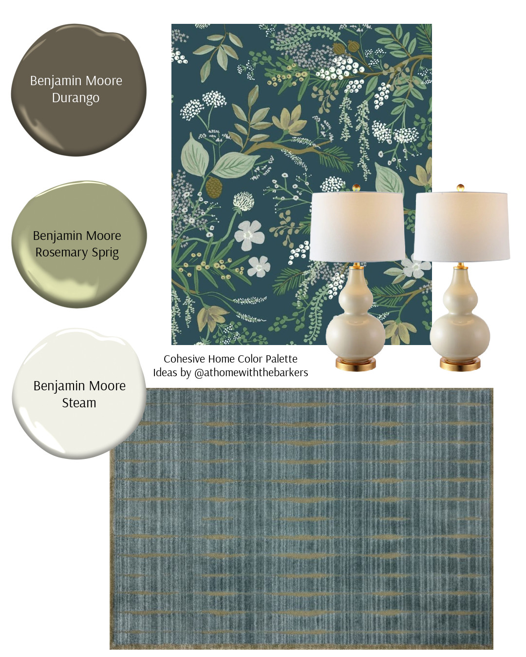 DIY home decorating color palette, wallpaper and area rug 

 