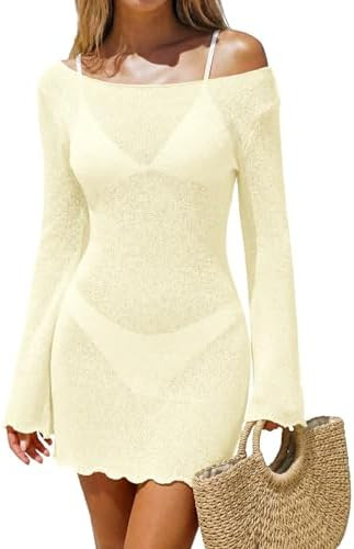 Saodimallsu Womens Swimsuit Cover Up Long Sleeve Sheer Mesh Knit Mini Dress Backless Tie Summer B... | Amazon (US)