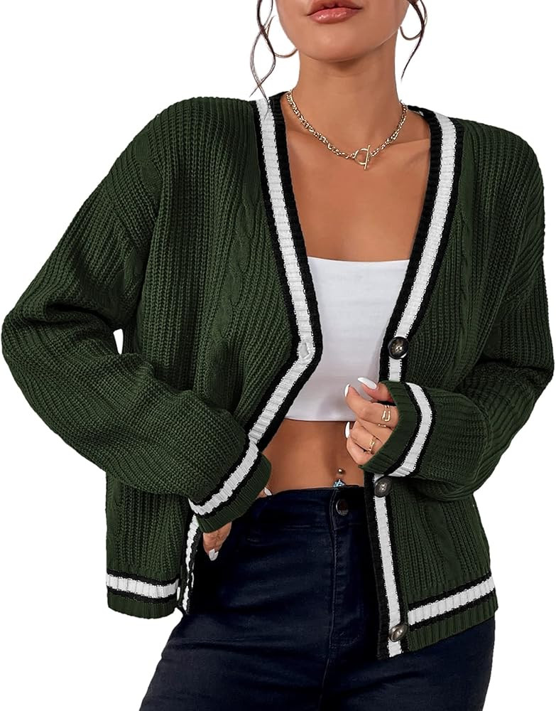 Womens Open Front Cardigan Button Down Striped Sweater Casual Loose Fitting V Neck Knit Coat | Amazon (US)