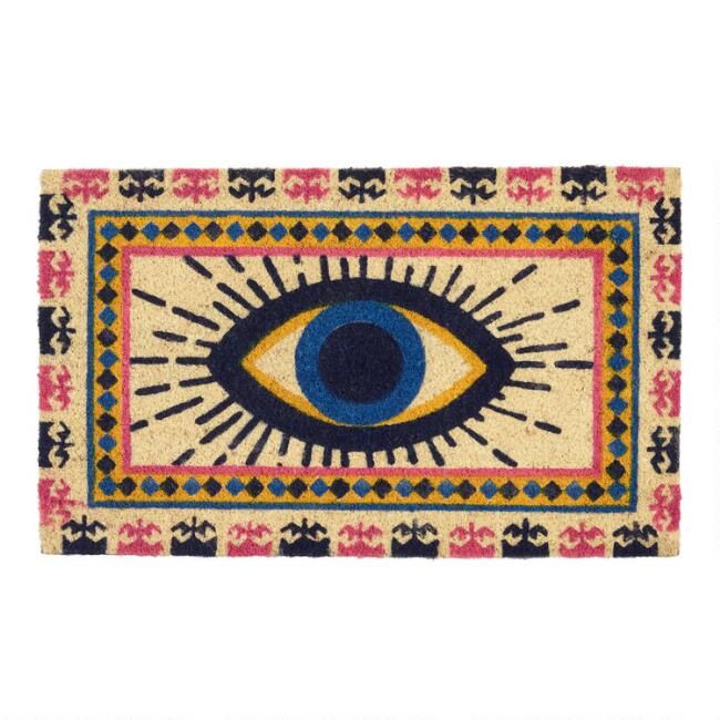 Yellow and Blue Evil Eye Coir Doormat | World Market