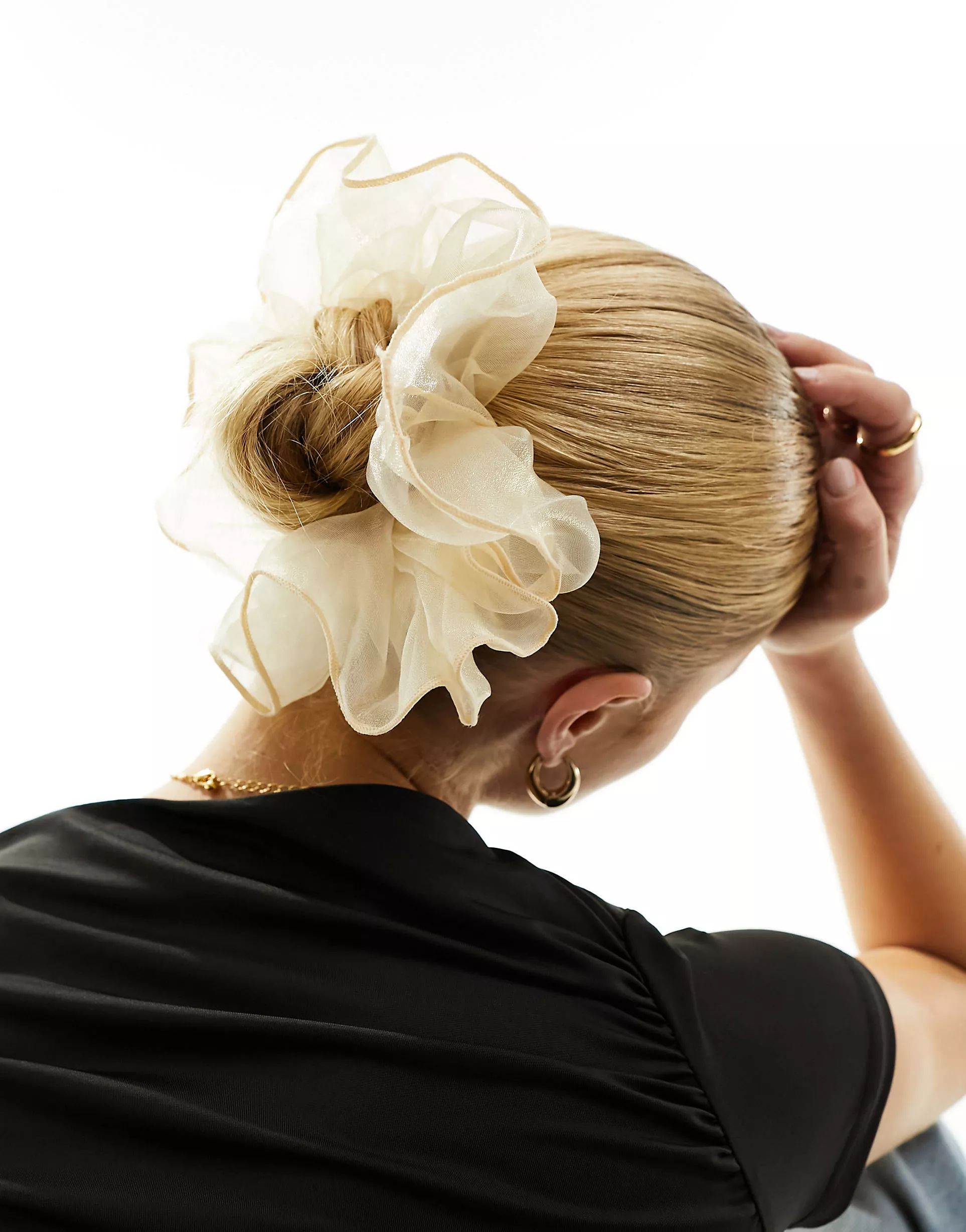 ASOS DESIGN oversized scrunchie with frill organza detail in cream | ASOS (Global)