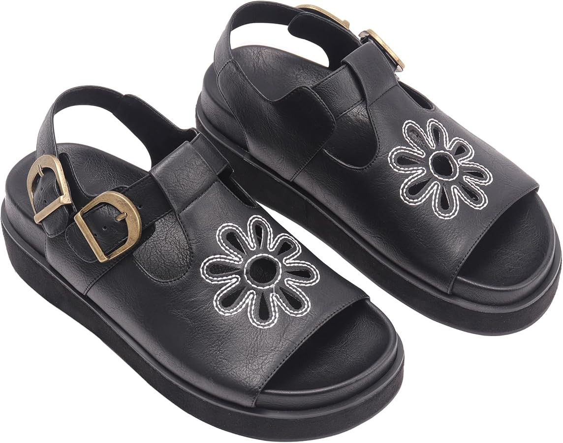 Brown Flower Platform Sandals for Women with Adjustable Buckle Back Strap Comfort Summer Open Toe... | Amazon (US)