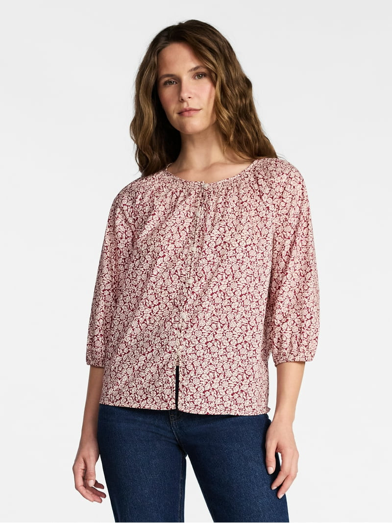 Time and Tru Women's Cotton Button Front Blouse with ¾ Length Sleeves, Sizes XS-XXXL | Walmart (US)
