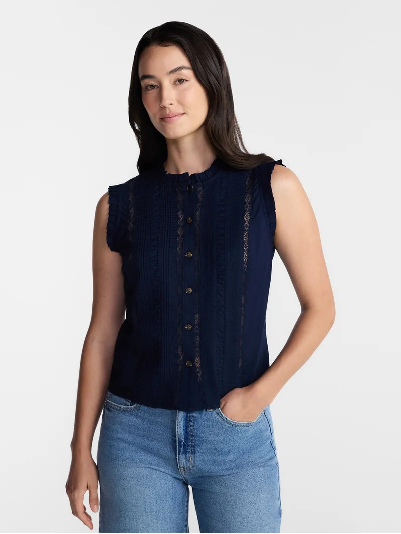 Time and Tru Women's Lace Inset Sleeveless Cotton Top, Sizes XS-XXXL | Walmart (US)