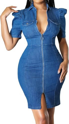 Women's Bodycon Denim Dress Sexy V Neck Short Puff Sleeve Bodycon Slim Mini Dresses with Zipper Pockets for Club Party Night | Amazon (US)