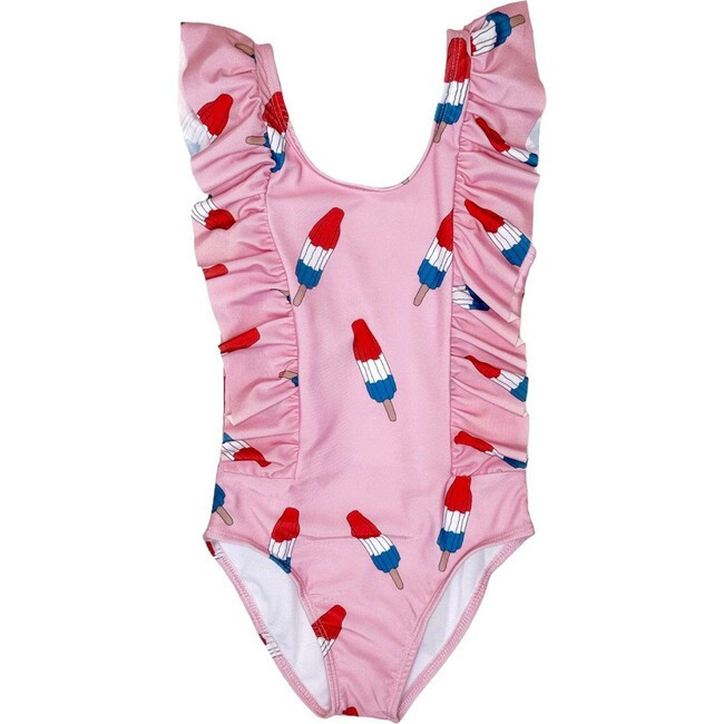Lola + The Boys | (Pinkie Bomb Pop Ruffle Shoulder One-Piece Kids Swimsuit, (Pink, Size 14Y) | Maisonette | Maisonette