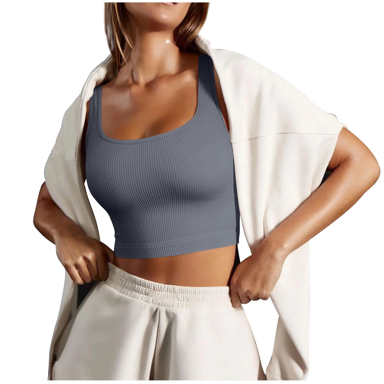 AherBiu Workout Tops for Women Ribbed Cropped Yoga Tank Tops Stretchy Slim Sleeveless Top Tee Shi... | Walmart (US)