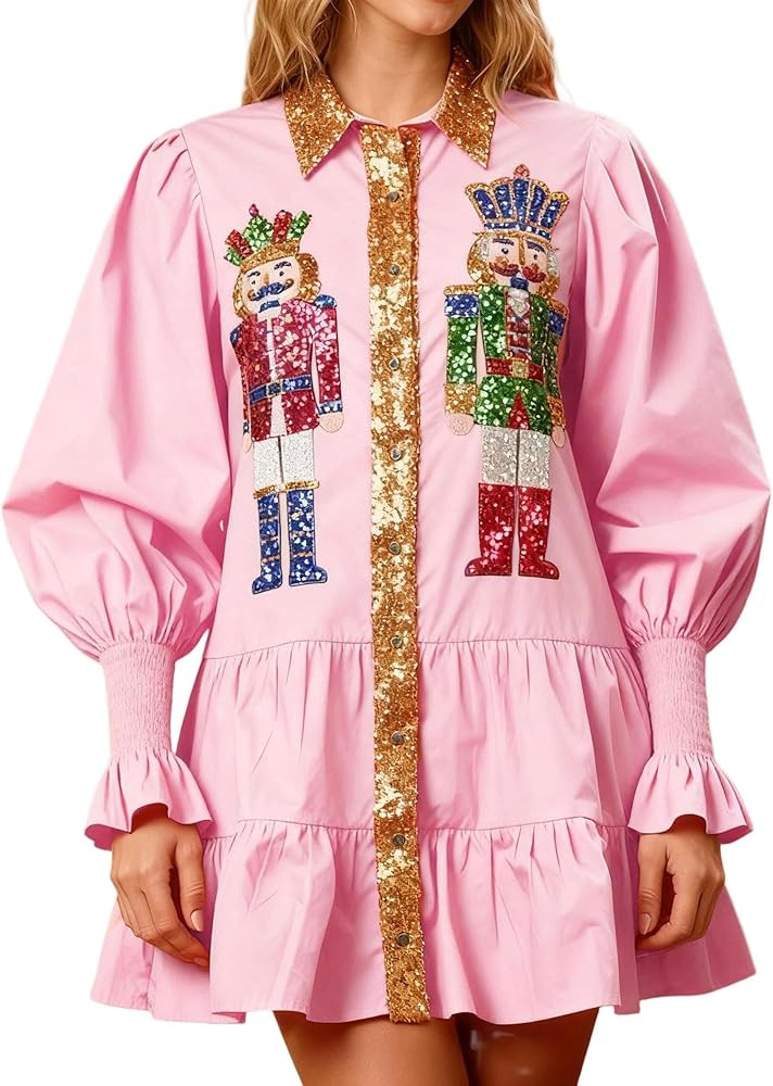 Women Nutcracker T-Shirt Dress Christmas Light Holiday Party Skirt Dress Merry Xmas Long Sleeve S... | Amazon (US)