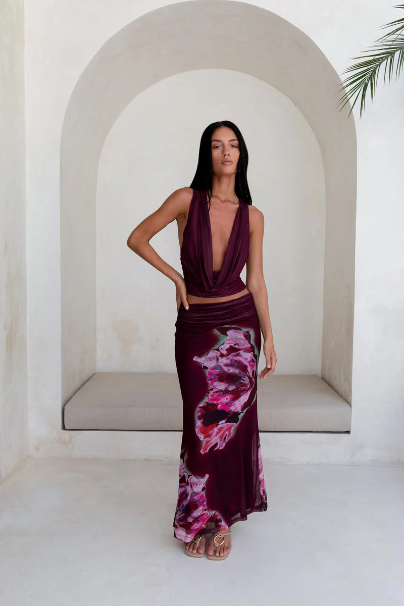 Bloom At Dawn Mesh Maxi Skirt Plum | Fortunate One