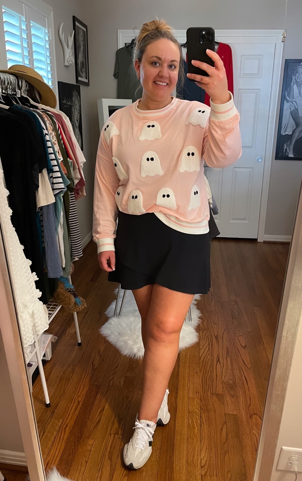Ghost sweatshirt, Halloween shirt, athletic skirt, target skirt, athletic skirt, new balance, sneakers, black and white sneakers 

#LTKSeasonal #LTKHalloween #LTKFindsUnder50