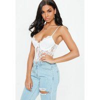 Petite White Strappy Non-Wired Lace Panel Bodysuit | Missguided (US & CA)