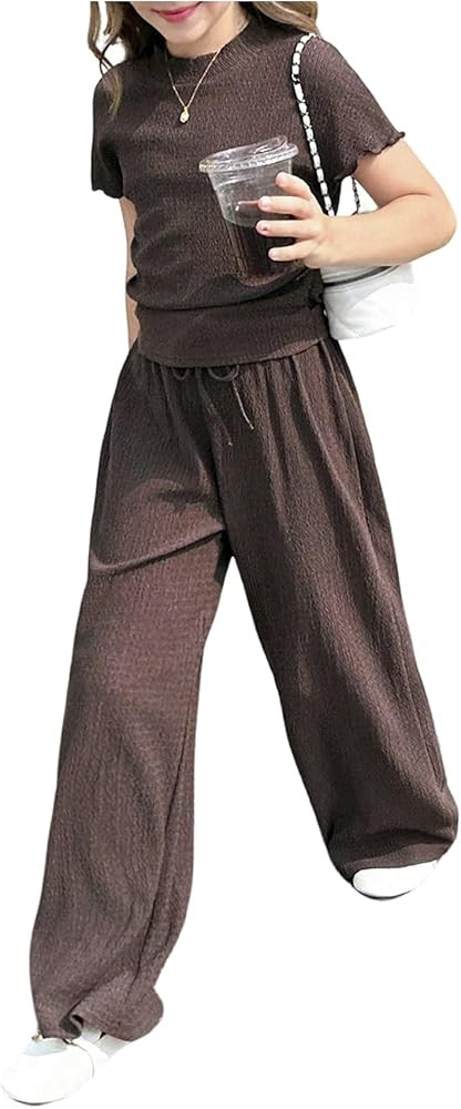 Girls' 2 Piece Outfits Short Sleeve Tight T Shirt and Wide Leg Pants Casual Clothing Set | Amazon (US)