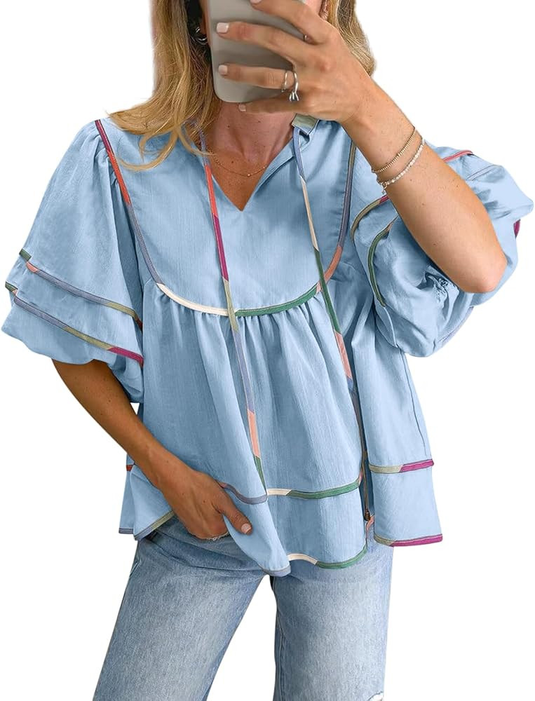 Cicy Bell Womens Summer Babydoll Tops V Neck Short Lantern Sleeve Shirts Cute Loose Fit Peplum Fl... | Amazon (US)