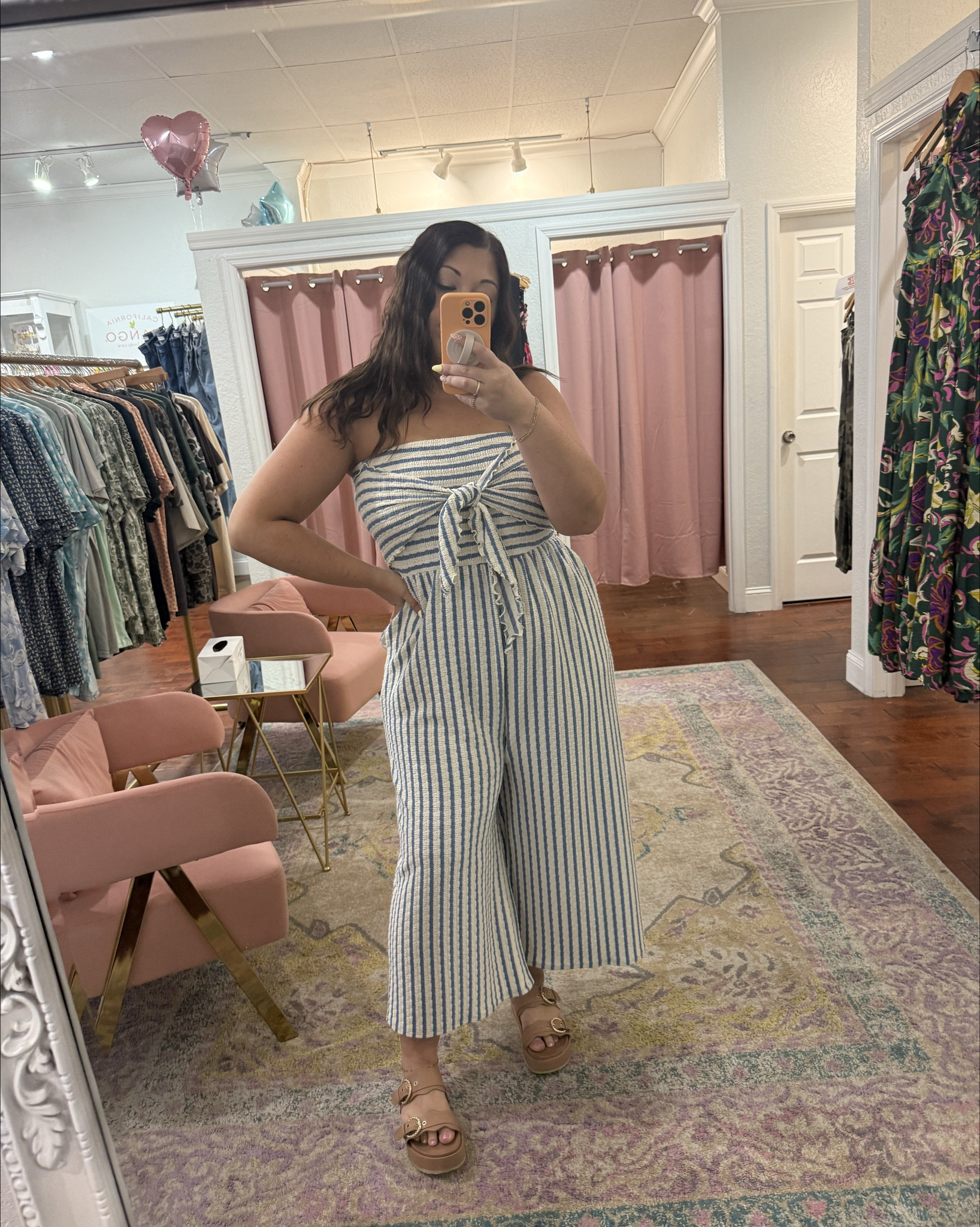 Striped & strapless is my new spring obsession 🤍💙✨ this jumpsuit is SO flattering and comfy — easy to dress up or keep casual. Paired it with my go-to neutral platforms for the perfect everyday look! Perfect for brunch, shopping days, or a casual night out 🌸 It also comes in 2 other colors! 

Wearing a size large. 

#LTKdayinmylife #LTKootd #LTKMidsize