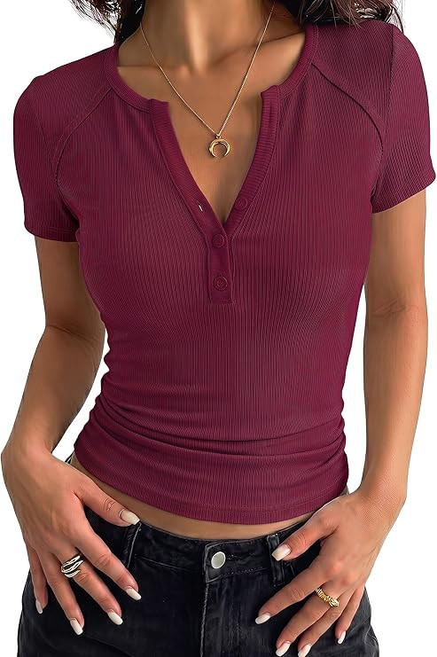 PRETTYGARDEN Womens Short Sleeve Henley Shirts 2026 Summer Trendy Ribbed Tops Fitted V Neck Butto... | Amazon (US)