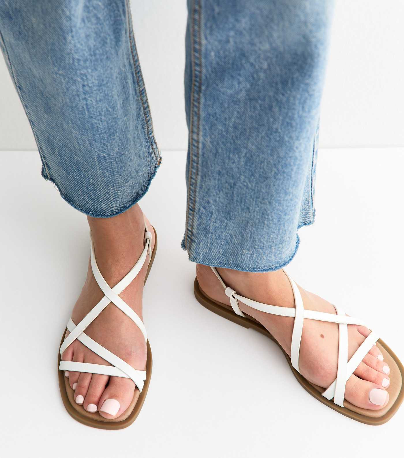 White Faux Leather Strappy Square Toe Flat Sandals | New Look | New Look (UK)