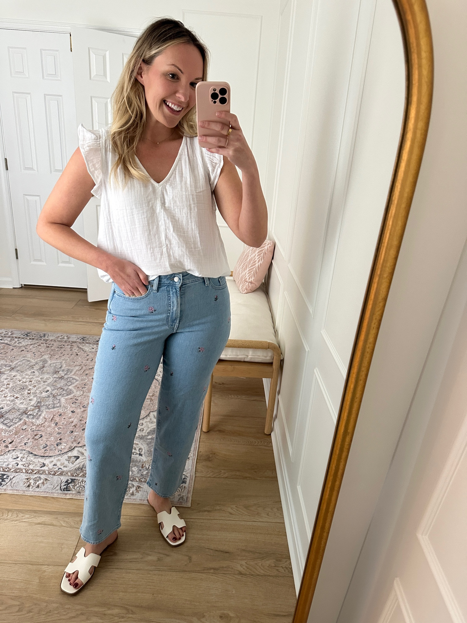 Love the embroidered detail on these jeans - I’m wearing a size 10. This gauze top was a top seller last year! Wearing a med - casual spring outfit 

#LTKStyleTip #LTKFindsUnder50 #LTKMidsize