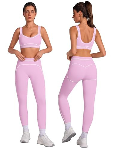 ABOCIW 2 Piece Workout Sets for Women Contouring Contrast Stitching U Back Sports Bra High Waist Leggings Yoga Pilates Outfits Athletic Gym Sets Activewear Pink Small | Amazon (US)