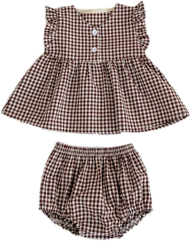 Ashmyova Baby Girls Summer Shorts Sets Infant Plaid Ruffle Sleeveless Tops Bloomer 2PCS Outfits | Amazon (US)