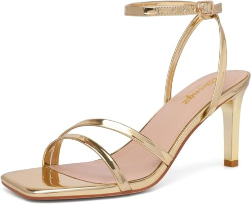 RIBONGZ Womens Gold High Heels Strappy Square Open Toe Ankle Strap Lace Up Heels Stiletto Heels Sexy for Wedding Prom Party Dress Shoes 11 | Amazon (US)