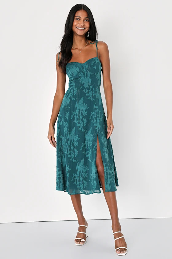 Loveliest Looks Emerald Green Jacquard Tie-Strap Midi Dress | Lulus