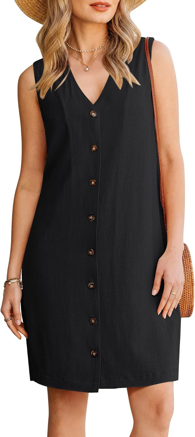 GPAPENT Linen Dresses for Women Summer Casual Sleeveless Button Down V Neck Pocket Self Tie Knee ... | Amazon (US)