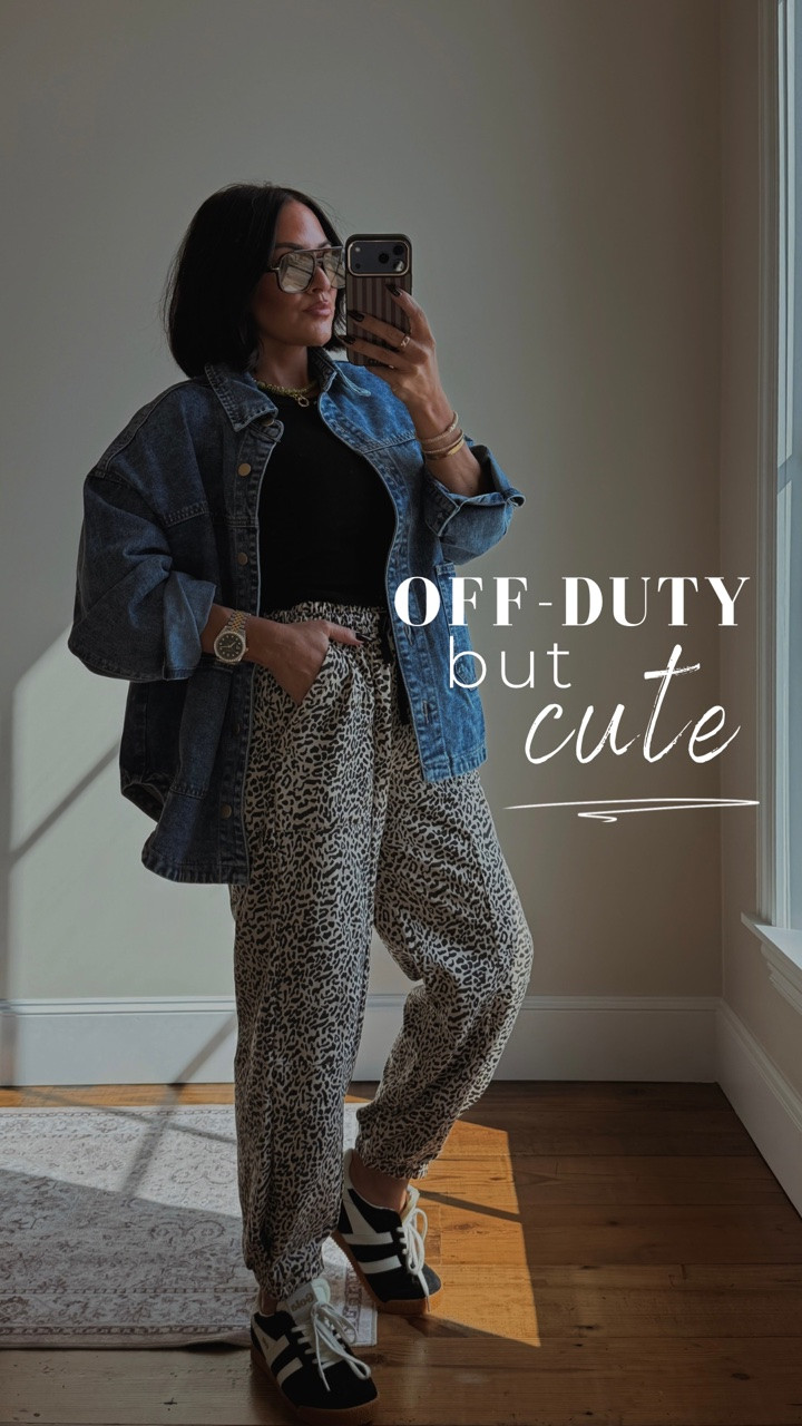 This is exactly how I want to dress on the weekends. Cute, comfortable and zero effort required. 🤎

And these leopard joggers?! Did not see them being THIS good. 75% cotton, insanely comfortable and the quality is 👌🏼. Throw on sneakers + an oversized jacket and we’re out the door.