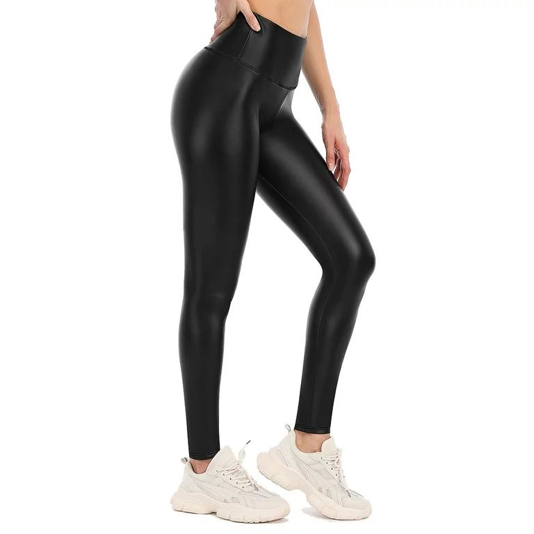 Women's Fleece Lined Leggings Faux Leather Thermal Warm Yoga Pants with Pockets - Walmart.com | Walmart (US)