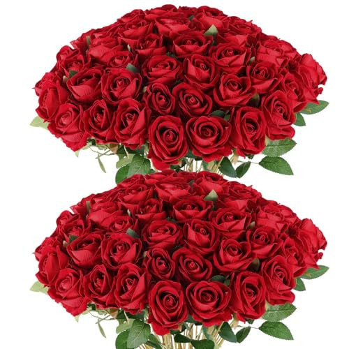 Hananona 50 Artificial Roses in Bulk, Fake Velvet Silk Burgundy Roses Realistic Red Roses for Wedding Centerpieces Flower Arrangement Home Decor (50, Burgundy) | Amazon (US)