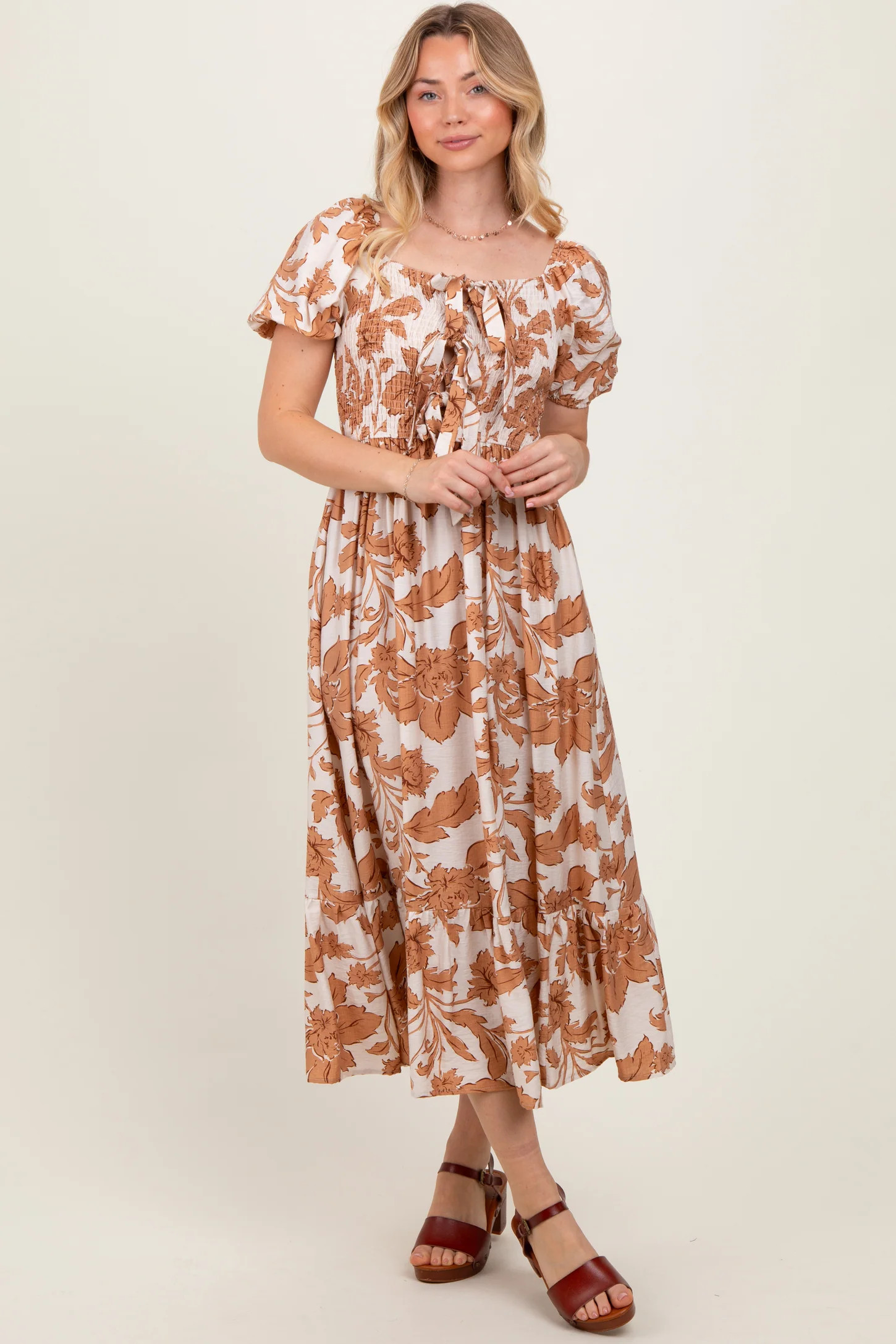Mocha Floral Smocked Triple Front Tie Midi Dress | PinkBlush Maternity