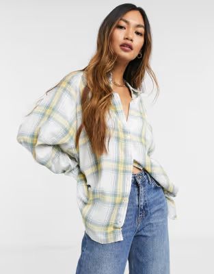 ASOS DESIGN WFH long sleeve boyfriend shirt in washed green and yellow check | ASOS (Global)