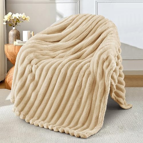 Exclusivo Mezcla Fleece Throw Blanket for Couch, Super Soft Striped Jacquard Bed Blanket, Lightweight Fuzzy Cozy for All Seasons, 50x60 Inches, Beige | Amazon (US)