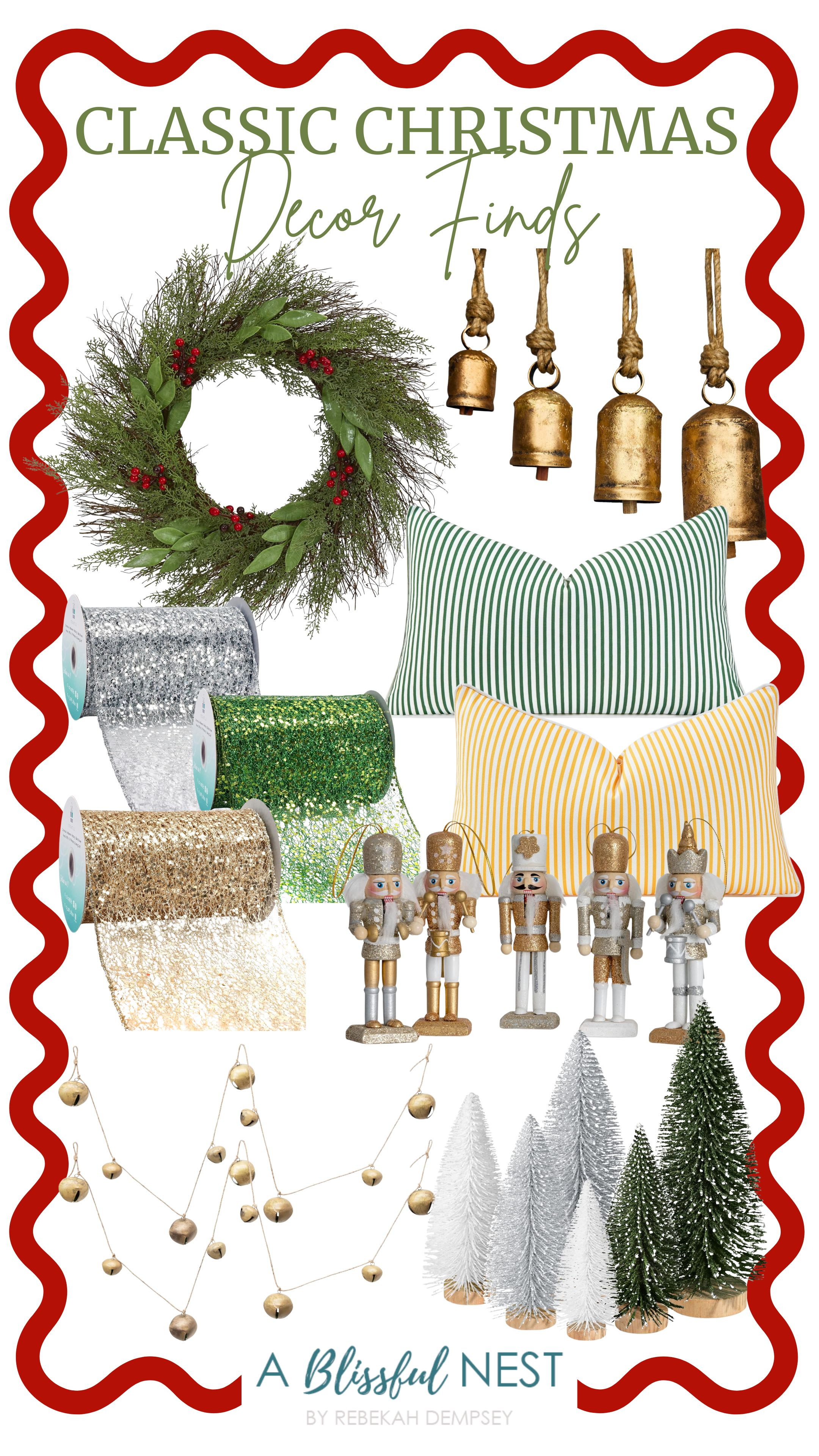 From cozy pillows to glittering garlands, this look brings warmth and joy. Shop the look now!
coastal patio lumbar pillow, nutcracker hanging ornament figures, mini Christmas trees Christmas decor, cedar and ruscus with berries wreath, sparkling glitter mesh wired ribbons, vintage cow bells, metal jingle bell garland 

 #LTKHoliday #LTKHome #LTKFindsUnder100