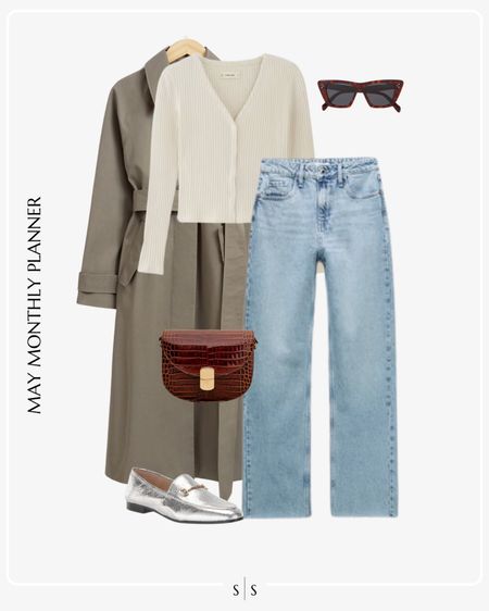 Monthly outfit planner: MAY: Spring looks | straight jean, cardigan, trench coat, silver metallic loafers, crossbody bag 

See the entire calendar on thesarahstories.com ✨ 

#LTKstyletip