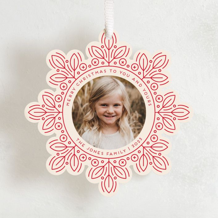 "Leafy Snowflake" - Customizable Holiday Ornament Cards in Red by Genna Blackburn. | Minted