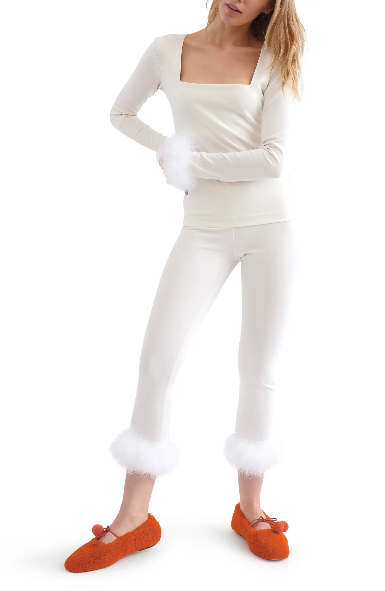 The Weekend Chic Feather Trim Top & Leggings Set | Nordstrom