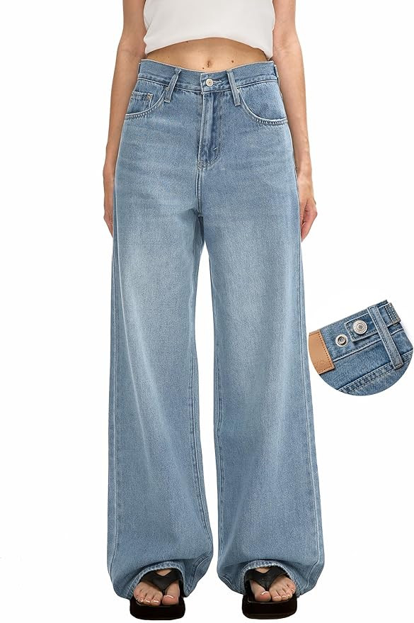 Women's Adjustable Wasit Baggy Jeans with Snap-Button Waistband Wide Straight Leg High Rise Jeans... | Amazon (US)