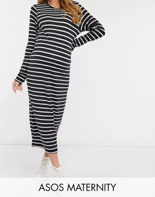 ASOS DESIGN Maternity long sleeve t-shirt midi dress in black and white stripe | ASOS (Global)