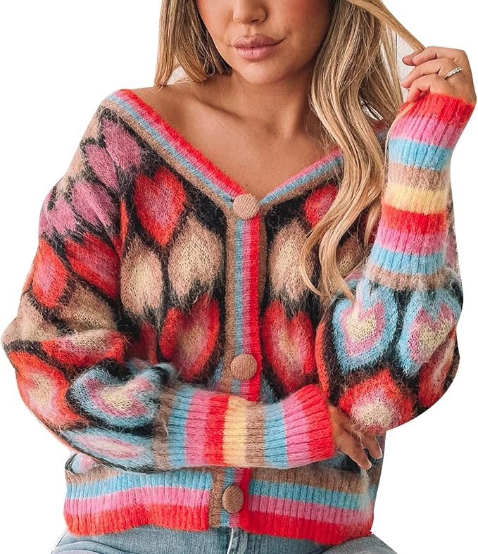 Women's Cute Sweater Cardigan Heart Print Y2K Button Open Front Cardigans V Neck Cropped Knitted ... | Amazon (US)