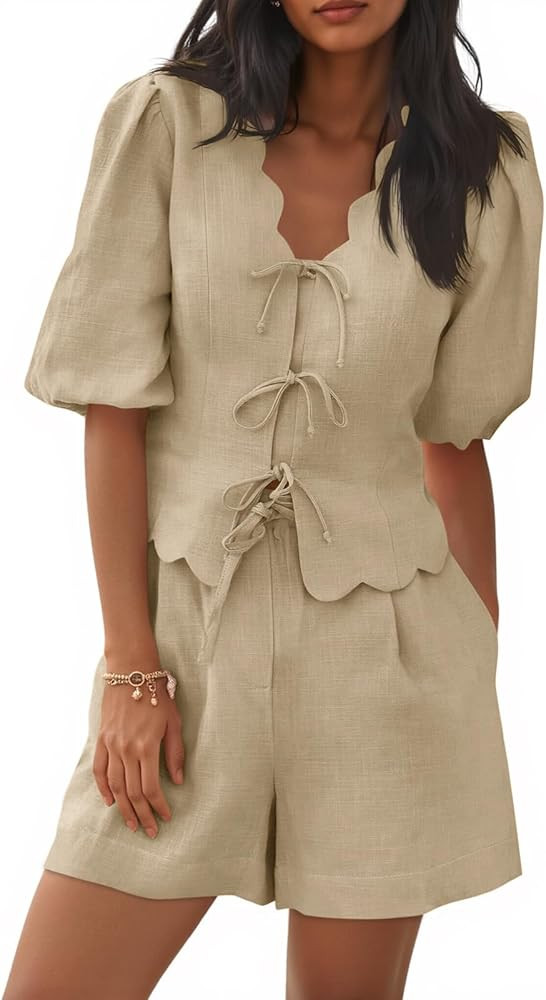 Womens Summer 2 Piece Short Sets Puff Short Sleeve V Neck Bow Tie Front Tops Wide Leg Shorts Paja... | Amazon (US)