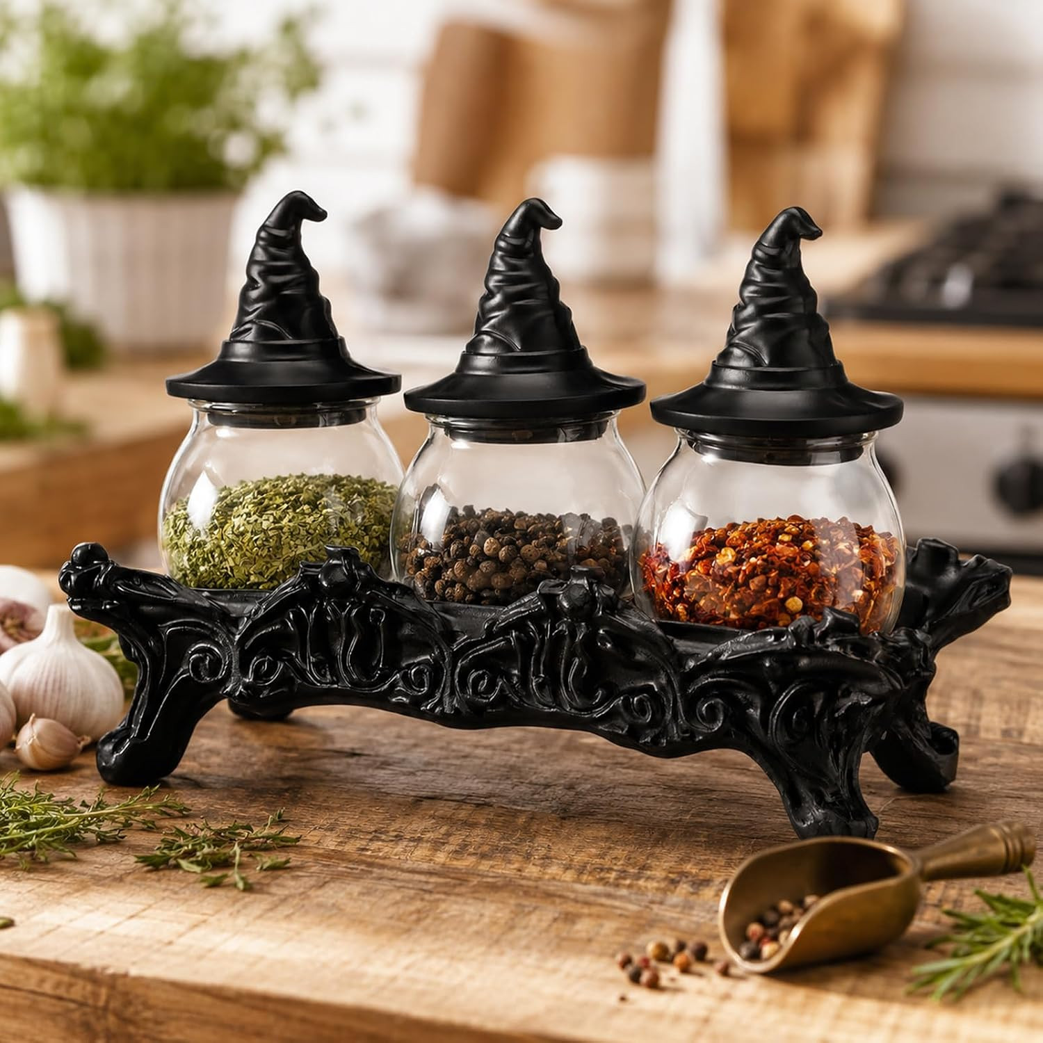 9.06'' Halloween Witchy Hat Spice Jars Set 3 Pcs Large Apothecary Glass Jar | Amazon (US)